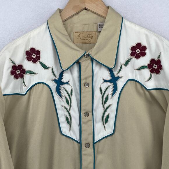 SCULLY Shirt Mens XL Floral Pearl Snap Button Up Western Cowboy Twill Beige - Picture 1 of 16